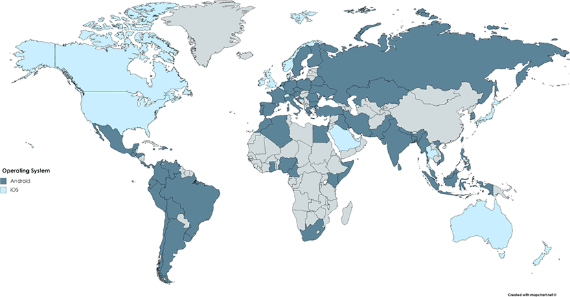 Statistics iPhone Android users by country 2018