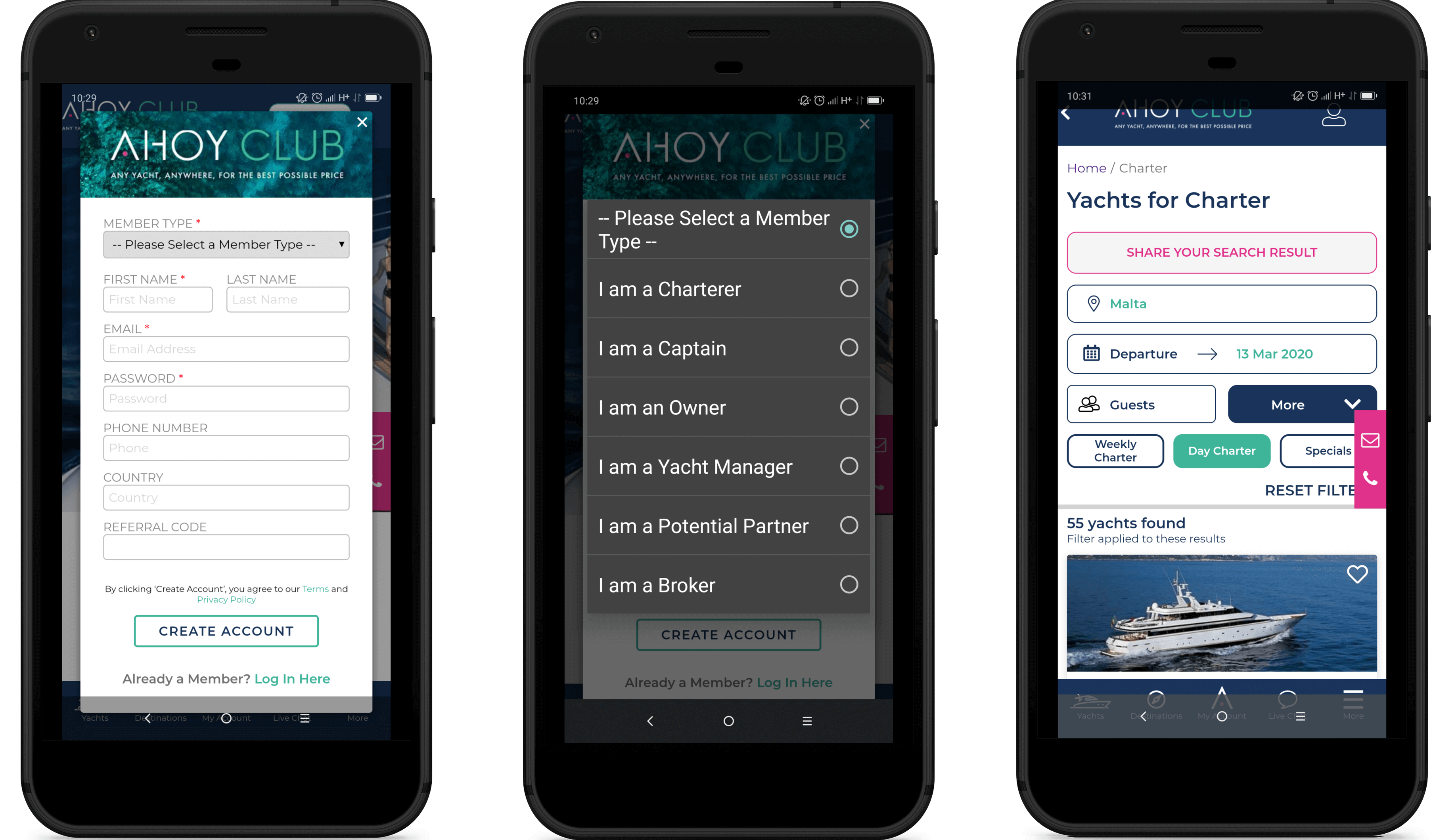 yacht chartering app development